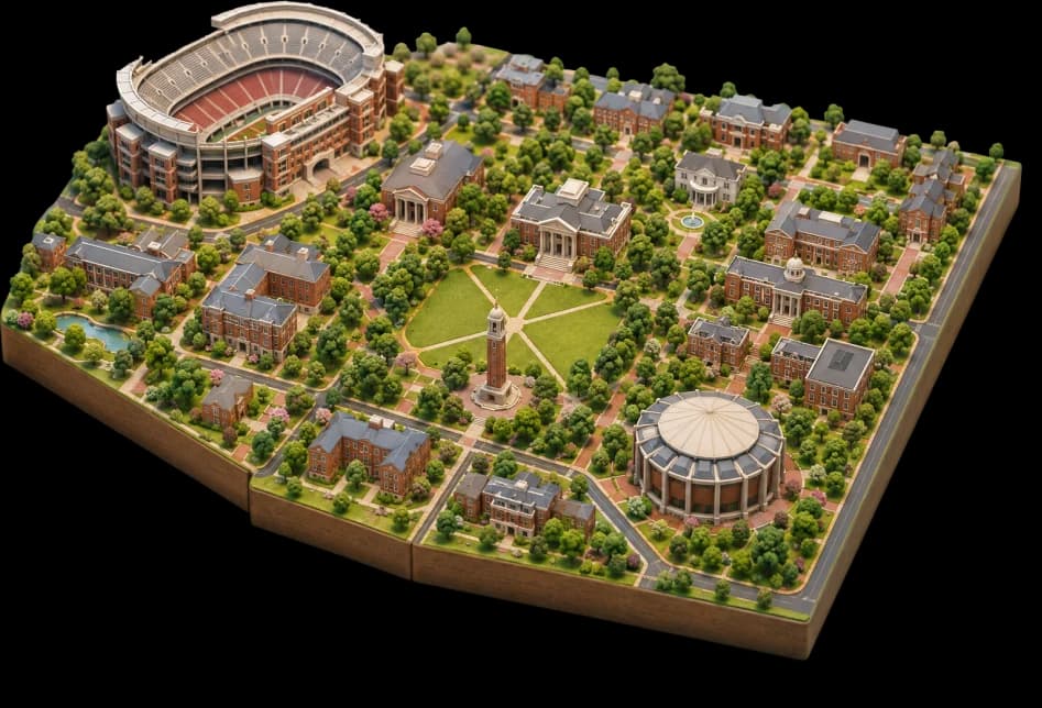A competition laid out as a campus game board, with steps for each round leading to the championship arena