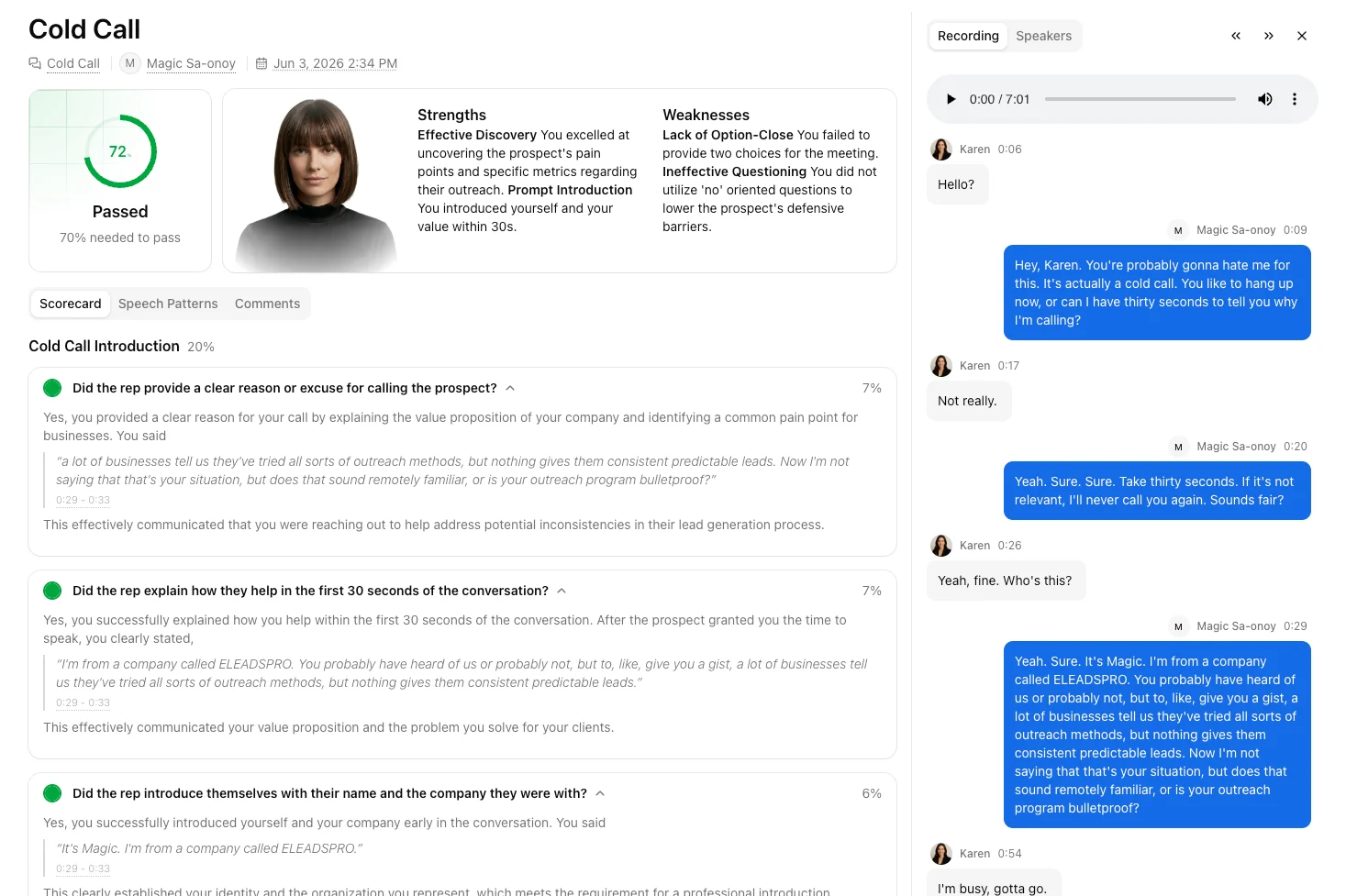 Replay results page for a recorded sales call, with the score, scorecard, and transcript