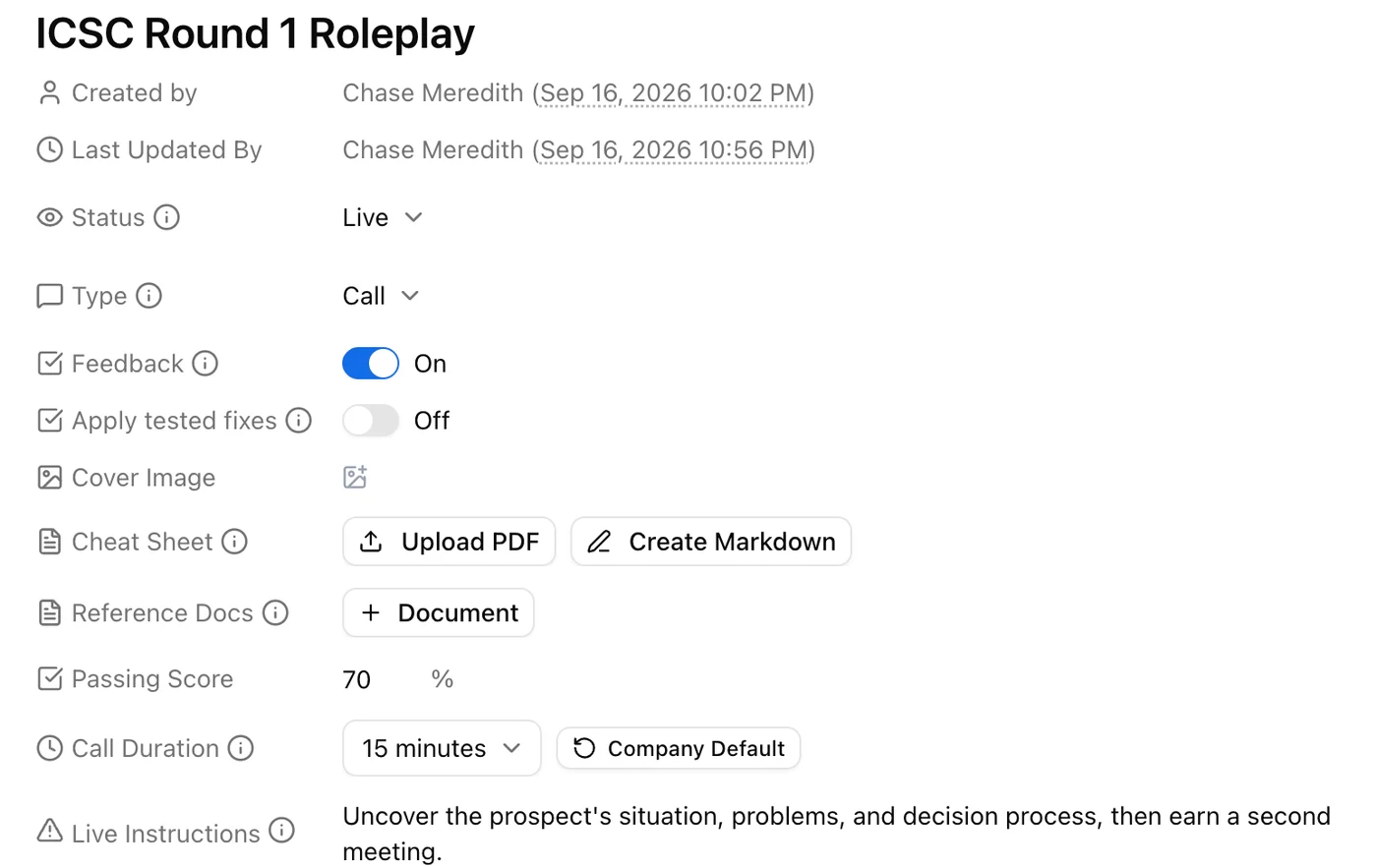 The Replay roleplay editor, showing the scenario, buyer persona, passing score, call duration, live instructions, and scoring settings a professor can configure