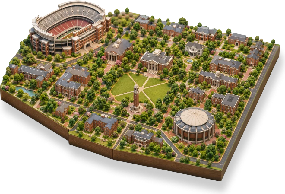 An isometric model of a university campus with a stadium, quad, and clock tower