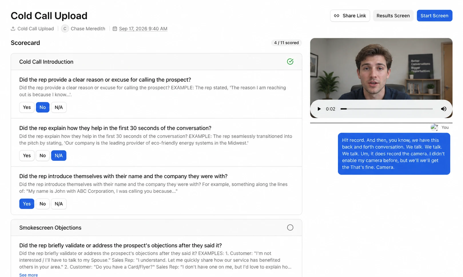 Scoring a recorded role-play by hand on the rubric in Replay, with the video and transcript alongside